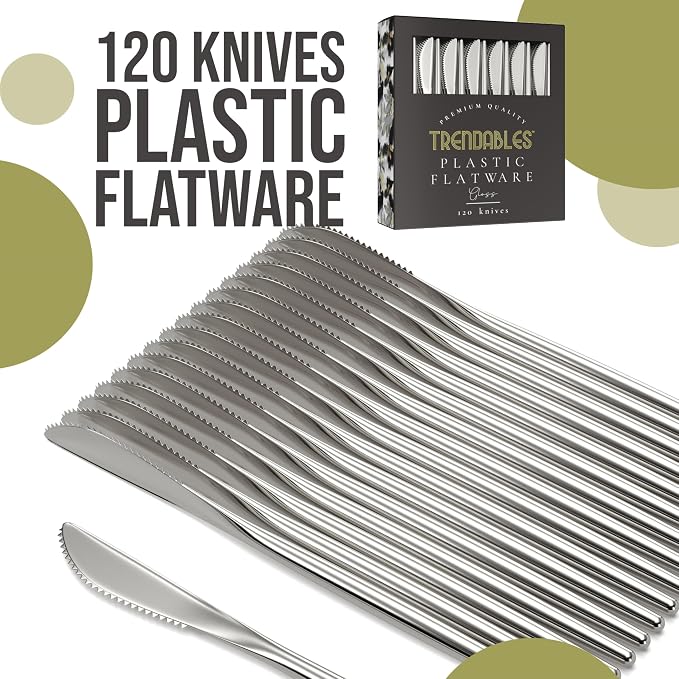 Trendables Disposable Silverware - 120 Pack Plastic Cutlery Set With Knives, Beautiful Silver Plastic Utensils