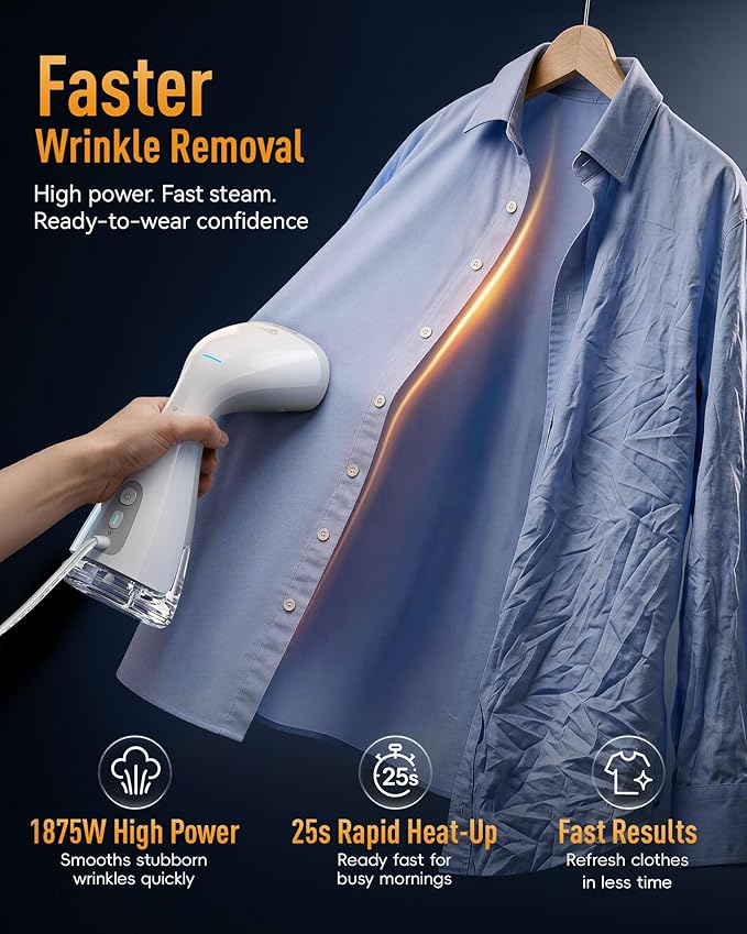 HiLIFE Vacuum Clothes Steamer, Handheld Garment Steamer with Suction, White | 3600Pa Fabric Grip, 1875W Power, 300ml Tank, Touch Steam Control, 25s Heat-Up, 9.18ft Cord,120V Only