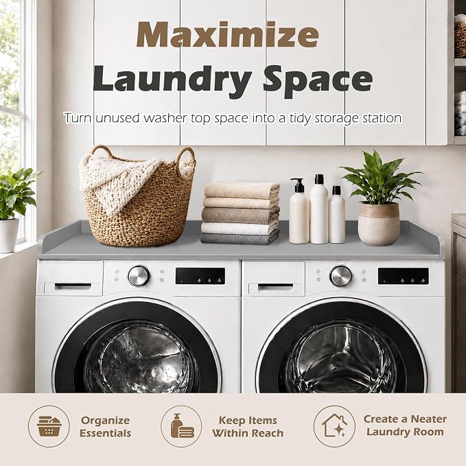Royxen Washer Dryer Countertop with Solid Wood Core,54“W x 27.5D Laundry Countertop with Edge Rails,Washer and Dryer Topper for Laundry Room Organization (Grey)