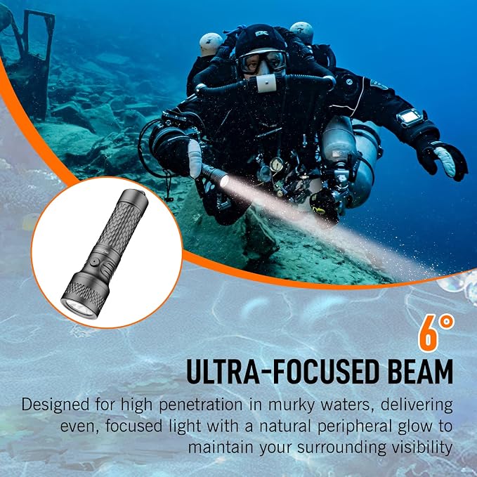 ORCATORCH ORCA7 Dive Light, 3000 Lumens SOS Signal Scuba Diving Flashlight, 6° Narrow Beam Underwater Torch, IP68 Waterproof Rated to 150M for Night Diving, Cave Exploration&Technical Scuba Gear(Gray)