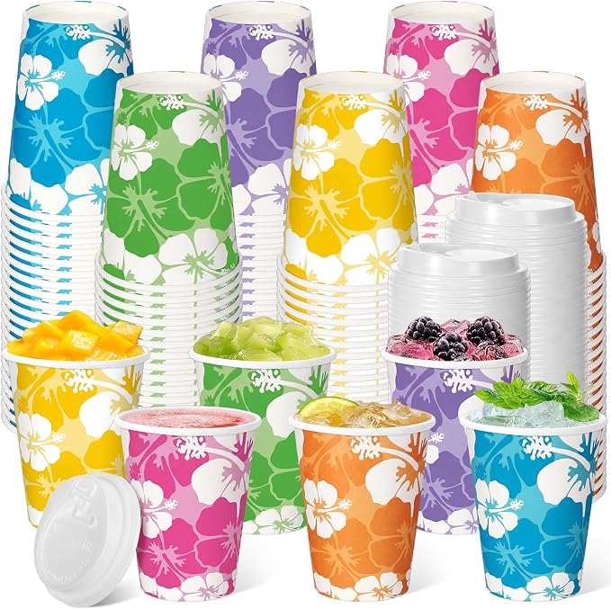 FoldTier 120 Pcs 12 oz Hawaii Hibiscus Paper Cups with Lids Summer Luau Disposable Drinking Cups Tropical Hawaiian Aloha Drinkware Beach Party Drinking Supplies for Cold Beverage Drinks(Summer)