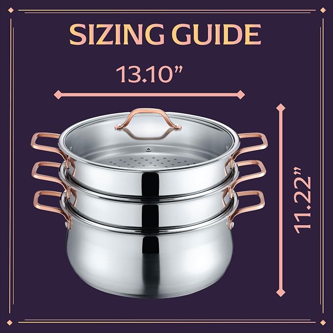 CONCORD Premium Stainless Steel 3 Tier Steamer w/Rose Gold Handles 30 cm