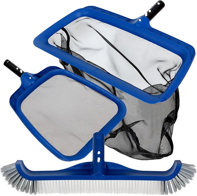 POOLAZ Pool Cleaning Kit, 3 in 1 Pool Net Skimmer & Pool Brush Head for Inground Pools & Above Ground Pools, Durable Pool Skimmer Nets & Pool Brush Compatible with Standard Pool Pole