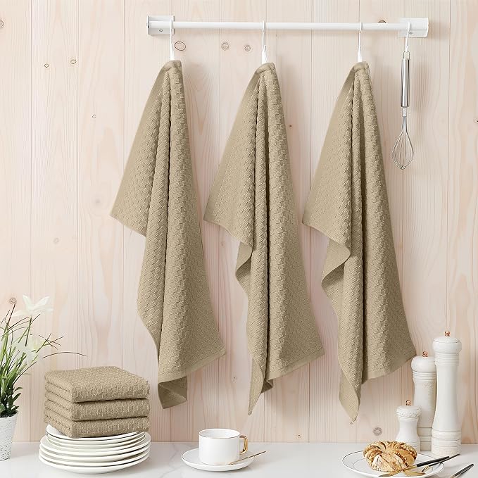 Homaxy 100% Cotton Terry Kitchen Towels(15" x 25", 12 Pack), Soft and Super Absorbent Dish Towels, 380 GSM Reusable Tea Towel with Hanging Loop, Pineapple Grid Designed, Tan