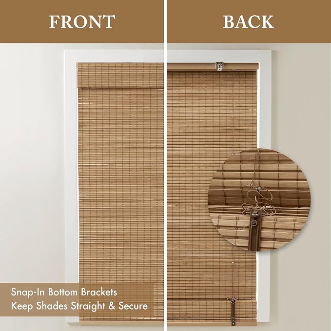 Madison Park Eastfield 100% Bamboo Cordless Roman Shades-Woven Wooden Privacy Panel, Light Filtering Easy Installation Window Blind Treatment, Bedroom, Living Room Decor, 29" W x 64" L, Neutral