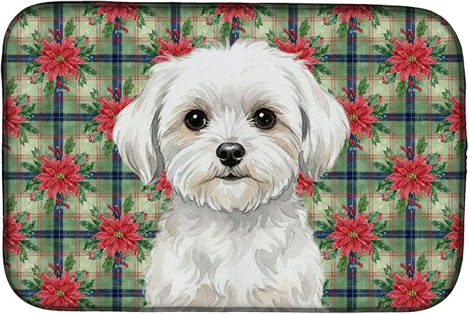 Caroline's Treasures Maltese Christmas PoinsettIas Dish Drying Mat Absorbent Dish Drying Mat Pad for Kitchen Counter Dish Drainer Mat for Countertop, 14 x 21", Multicolor