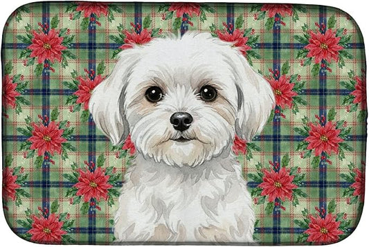 Caroline's Treasures Maltese Christmas PoinsettIas Dish Drying Mat Absorbent Dish Drying Mat Pad for Kitchen Counter Dish Drainer Mat for Countertop, 14 x 21", Multicolor