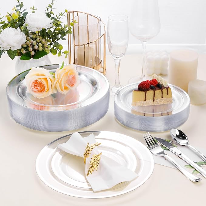 BESTSTAR 7 Inch Clear with Silver Rim Plastic Plates,100PCS Disposable Dessert/Appetizer/Small Cake Plates,Heavy Duty Plate Ideal for Wedding and Birthday Party