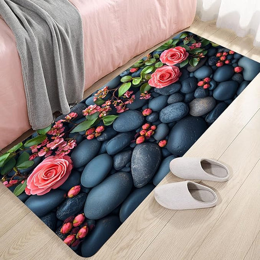 WODEJIA Non Slip Bath Rugs Sponge Foam for Bathroom,Flannel Mat Rug for Living Room, Absorbent MatS for Forlaundry Room and Kitchen,Cobblestone Red Flowers Welcome Mat 47x18 Inches