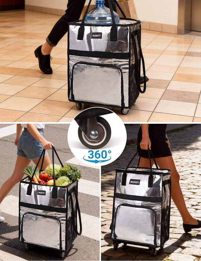 Reusable Rolling Shopping Bag with 5 Wheels, Foldable Grocery Cart Tote with Zipper, Lightweight Heavy-Duty Carry Bag Holds up to 66 lbs for Groceries, Laundry, Camping, Moving, Silver