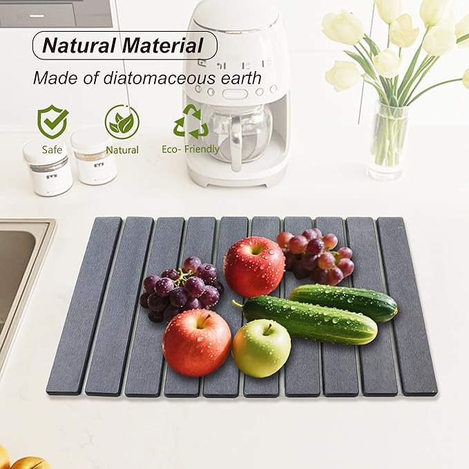 Large Stone Drying Mat for Kitchen Counter Diatomaceous Earth Collapsible 24”（L）*16”（W）Super Heat Resistant Mats, Quick Absorbent Dish Drying Rack（Gold marble）