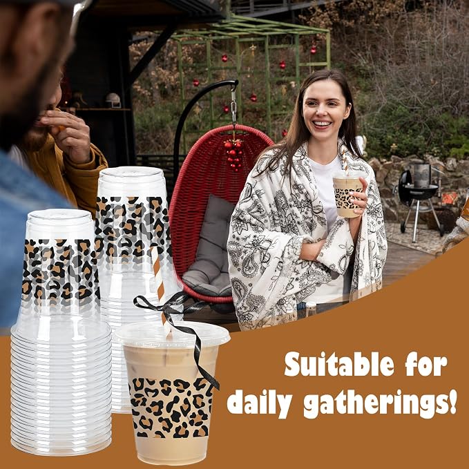 Whaline 50 Pcs Cheetah Plastic Cups with Lids and Straws Leopard Clear Plastic Cups 12 Oz Disposable Cup for Holiday Birthday Party Supplies