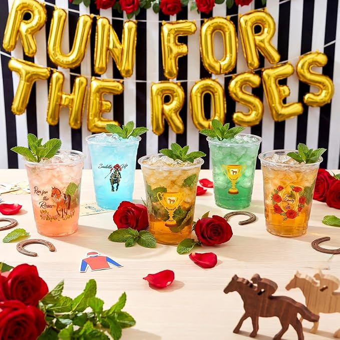 Willinglong 100 Pcs Plastic Derby Cups Bulk 16 oz Horse Racing Party Clear Thick Reusable Tumbler Cups Derby Party Supplies for Decoration Cocktails Beer Events, 4 Style