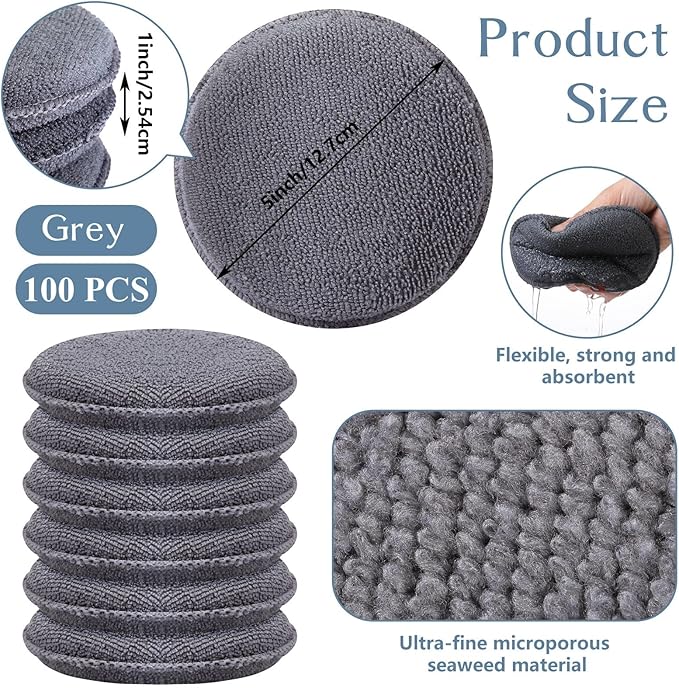 Tanlade 100 Pcs Car Detailing Microfiber Applicator Pad Wax Applicator Wash Microfiber Pads, 5 Inch Diameter (Grey)