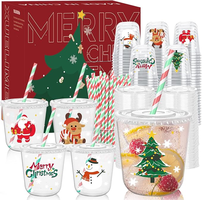12oz Christmas Disposable Plastic Cups with Lids and Straws-Xmas Tree Santa Reindeer Snow Cold Drinks, Coffee, Beer, Drinks, Ice Cream, Drinking Cups for Party Supplies. (100)
