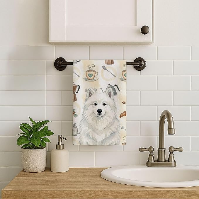 Caroline's Treasures White Samoyed Coffee Bar Kitchen Towel Velour Plush Front and Cotton Loop Back Machine Washable