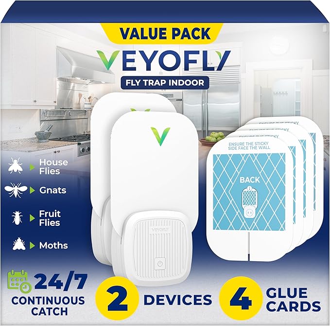 VEYOFLY Fly Trap Indoor, Fruit Fly Traps for Indoors Flying Insect (2 Device + 4 Refills) Gnat Traps for House Indoor, Bug Zapper Indoor, Gnat Killer Catcher & Fruit Fly Killer Light Plug in