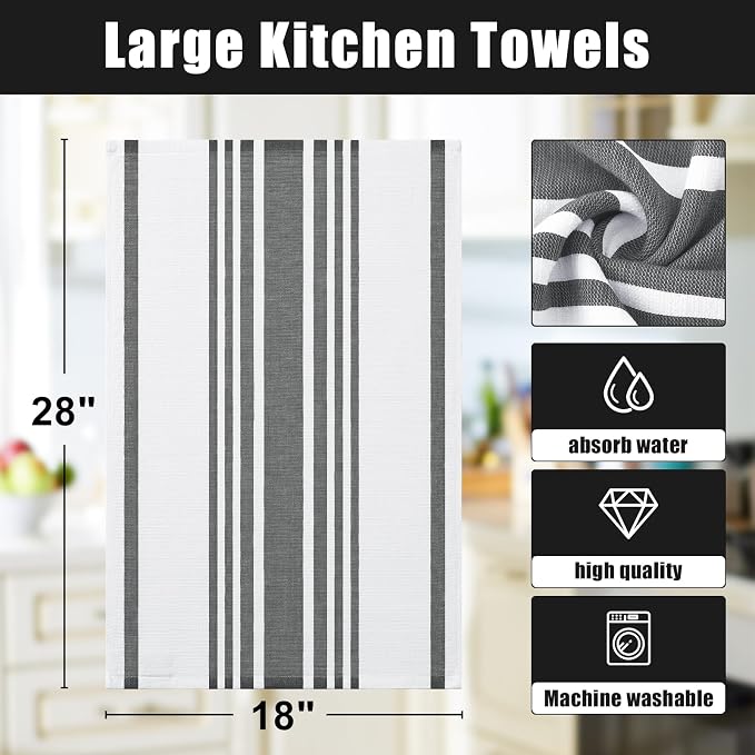 Homaxy Premium Kitchen Towels 18”x 28”, Large Cotton 380 GSM Kitchen Hand Towels, Stripe and Terry Dish Towel, Highly Absorbent Tea Towel Set with Hanging Loop, 3 Pack, Black
