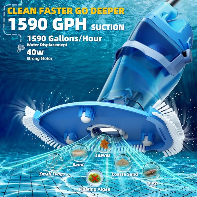 Cordless Pool Vacuum, 1950 GPH Powerful Suction, Handheld Pool Cleaner with Telescopic Pole, 60 Min Runtime, 2L Large Capacity, Rechargeable for Above Ground & Inground Pools, Spas & Hot Tubs