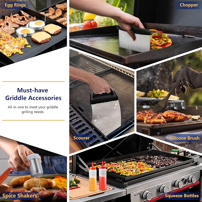 18Pcs Griddle Accessories Kit for Blackstone, Joyfair Flattop Grilling Accessory Set with Smash Burger Press, Stainless Steel Spatula Tools with Basting Cover for Outdoor BBQ Cooking (ABS Handles)