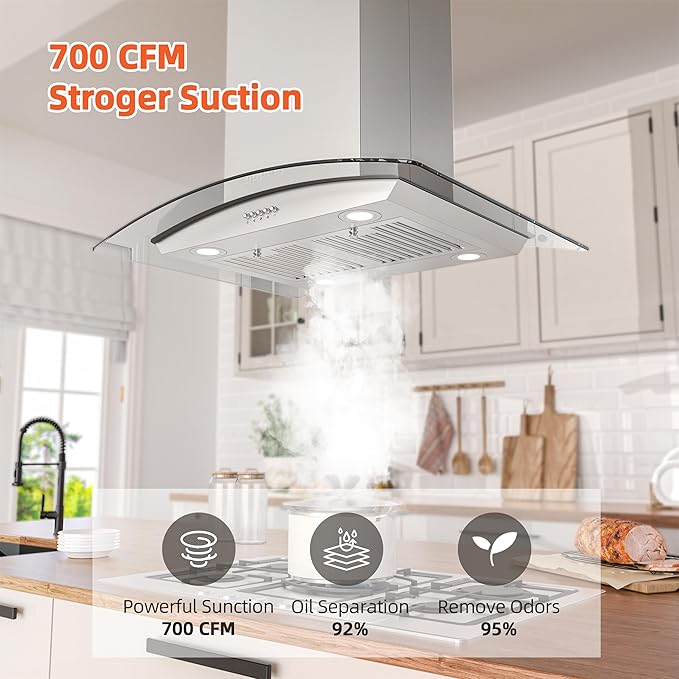 FIREGAS Island Range Hood 30 inch with 700 CFM, Ceiling Mount Kitchen Vent Hood Ducted/Ductless Convertible, Stainless steel stove hood with 3 speed fan, 4 lights, Tempered Glasss, Charcoal Filters