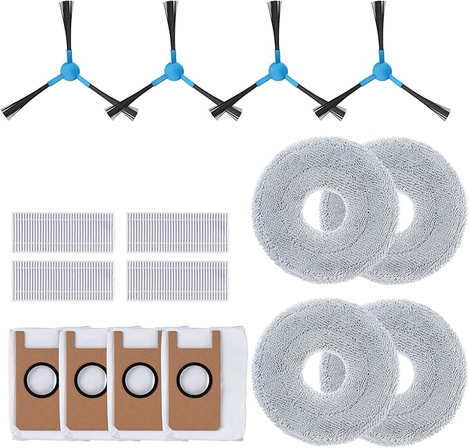 Replacement Parts for Extravis V5/V5 Pro Robot Vacuum, 4 Side Brushes, 4 Mop Cloth Pads, 4 Vacuum Dust Bags, 4 Hepa Filters