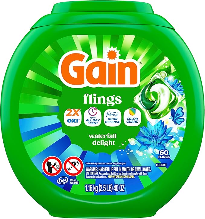 Gain Flings Liquid Washing Detergent Pacs, Now with Odor Defense + Color Guard, Waterfall Delight Scent, 4-In-1 Liquid Laundry Detergent Pods, clean & fresh, 60 Count