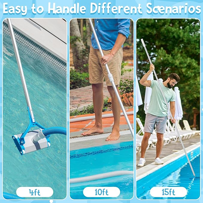 Swimming Pool Pole Telescopic - 15 FT Aluminum Pool Cleaning Pole, Heavy Duty Skimmer Telescoping Tool, Adjustable 3 Piece Extendable Cleaning Equipment for Skimmer Net Brush Vacuum Head Rake