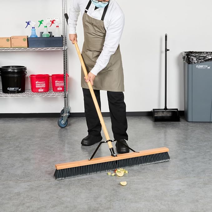 Restaurantware-Clean Tek Professional 36 Inch Push Broom, 1 Heavy-Duty Broom with 60â€ Handle - Medium Plastic Bristles, Durable, Wooden, Commercial Use, for Deck, Driveway, Garage, Yard, Patio