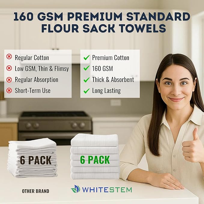 Flour Sack Towels 18” x 28” – Pack of 6 Cotton Kitchen Towels, Dish Towels and Tea Towels for Embroidery, Thick Absorbent for Baking & Bread Proofing - Natural