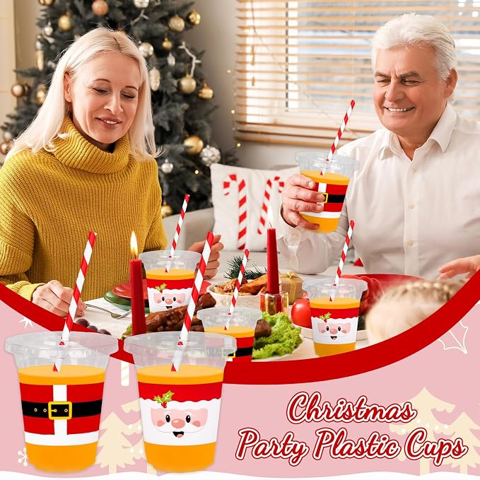 FYSUIMU 50Pcs 12Oz Christmas Disposable Plastic Cups with Lids and Straws Santa Claus Belt Cold Beverage Drinking Cup for Winter Holiday Xmas Party Favor Supplies
