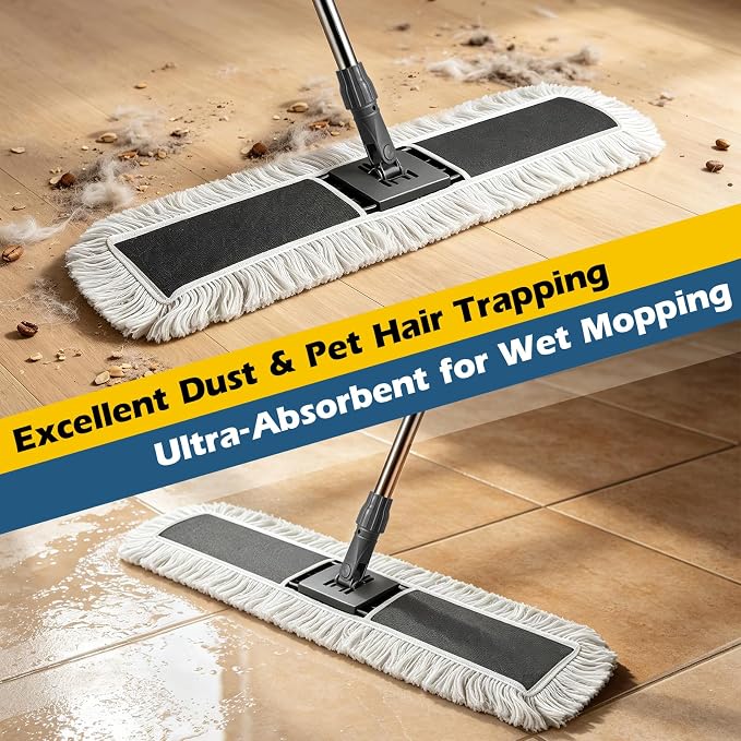MASTERTOP 40" Commercial Dust Mop for Floor Cleaning, Heavy Duty Flat Mop | Industrial 64" Long Handle Push Broom with 2 Cotton Pads for Hardwood, Tile, Laminate, Concrete, Warehouse & Gym Cleaning