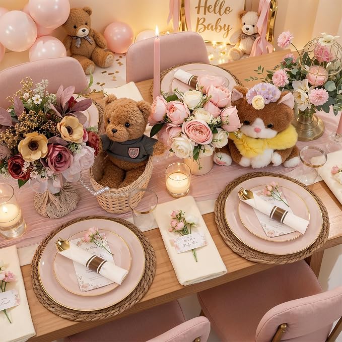 KIRE 350 PCS Pink Plastic Plates - Pink and Gold Disposable Dinnerware 50 Guest Include 50 Dinner Plate - 50Dessert Plate - 50Pre Rolled Napkins with Silverware for Party/Wedding/Baby Shower
