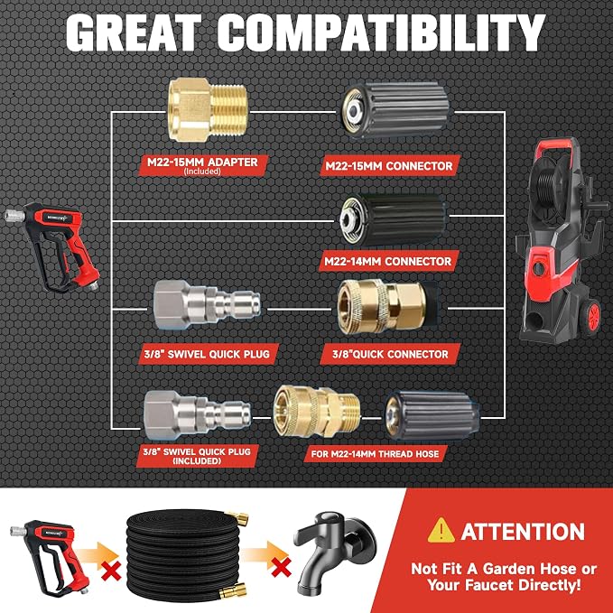 Pressure Washer Gun, 4000 PSI Pressure Washer Spray Gun, 1/4" Quick Connect, 5 Spray Nozzles, M22-14 Adapter & 3/8" Swivel Quick Connector, Replacement Gun for Foam Cannon & Power Washer