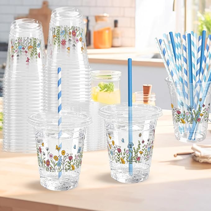 50 Sets Wildflower Plastic Cups with Lids Straws 12 oz Floral Disposable Cups Spring Flower Party Favor Drinking Beverage Cup for Baby Shower Birthday Party Supplies