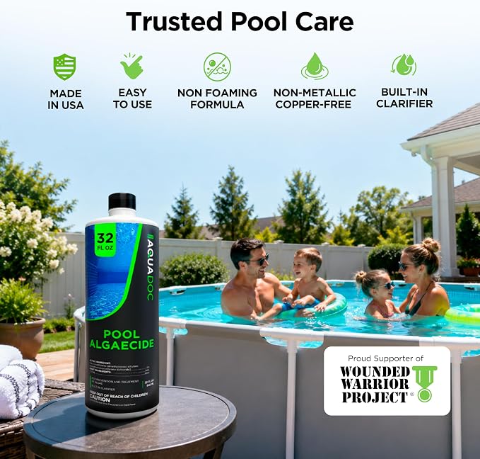 AquaDoc Liquid Algaecide for Swimming Pools - 32 oz - Treats Up to 2,500 Gallons - Non-Foaming, Copper-Free Formula for Pool Algae Control with Built-in Clarifier - Made in USA