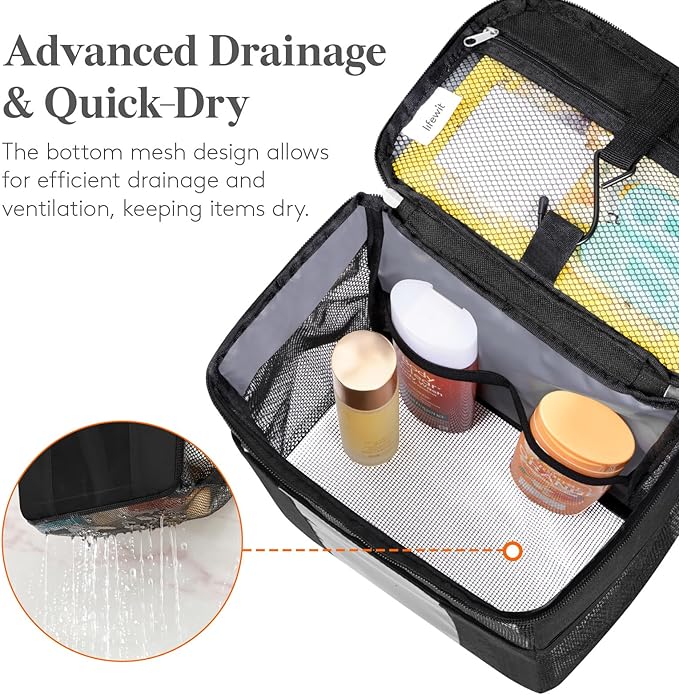 Lifewit 2 Packs Mesh Shower Caddy Bag Portable, Quick Dry Hanging Bathroom Organizer with PVC Phone Bag, College Dorm Room Essentials for Travel, Gym, Camping, Large, Black & Grey
