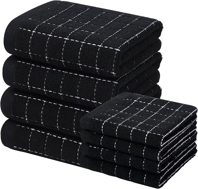Homaxy Kitchen Towels and Dishcloths Set, 12 x 12 and 20 x 28 Inches, Set of 8 Bulk Cotton Terry Kitchen Towels Set, Checkered Designed, Soft and Super Absorbent Dish Towels, Black