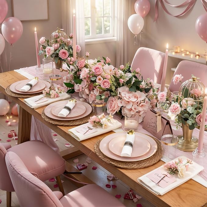 KIRE 350 PCS Pink Plastic Plates - Pink and Gold Disposable Dinnerware 50 Guest Include 50 Dinner Plate - 50Dessert Plate - 50Pre Rolled Napkins with Silverware for Party/Wedding/Baby Shower