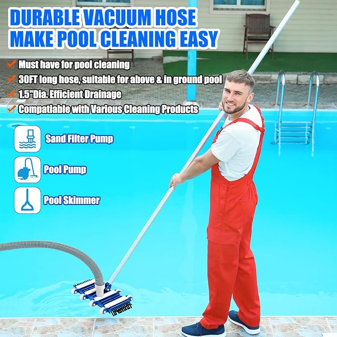 3 Pcs Pool Cleaning Kit Swimming Pool Vacuum Head Hoses 1-1/2" x 30ft with Swivel Wheel Vacuum Head and 14 '' Brush for Inground & Above Ground Pools Spas Ponds Cleaning Manual(with Bristles)
