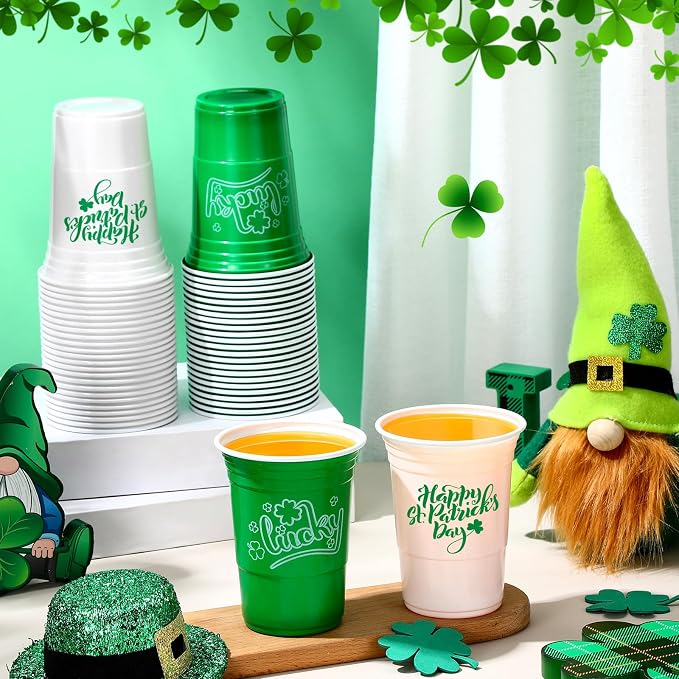 Pickmesh 50 Pcs St Patricks Day Plastic Cups 16oz Lucky Shamrock Design Disposable Cups for Lucky Party Supply St Patrick's Day Cups for Hot Cold Drinks Coffee Juice Beer Candy Snacks