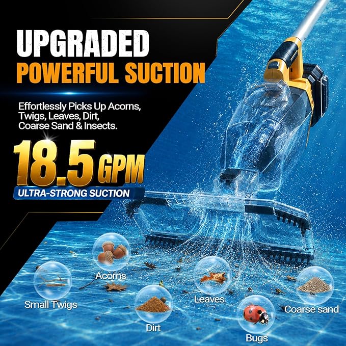 Cordless Handheld Pool Vacuum for Above Ground Pool Compatible for Dewalt 20V Battery, Swimming Leaf Vacuum Cleaner with Suction 18.5 GPM ｜7.5Ft ft Max Reach Ideal for Leaves & Debris (No Battery)
