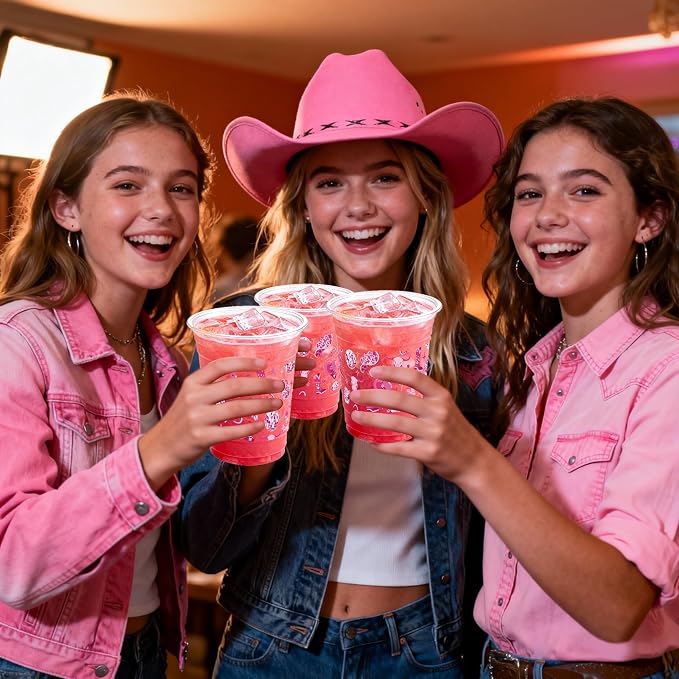 100 Pcs Pink Cowgirl Plastic Cups,16 oz Disco Western Cowgirl Clear Disposable Plastic Cups Drinking Cups for Cowgirl Birthday Baby Shower Lets Go Girls Party Supplies