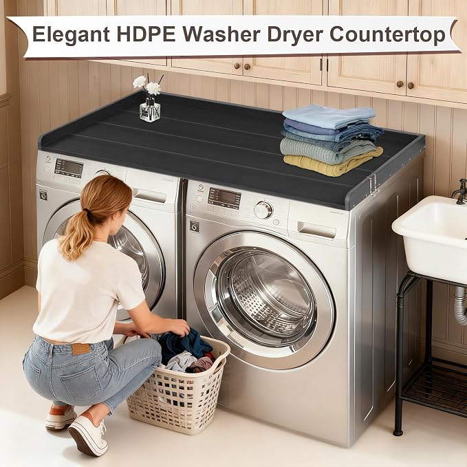 Washer Dryer Countertop, HDPE Laundry Countertop with Edge Rails, No-Installation-Black