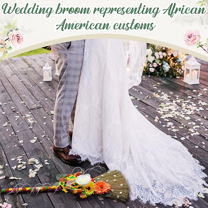Yungyan Wedding Brooms for Jumping Ceremony Kente Bride Bridegroom DIY Whisk Brooms 12 x 29 Inch with Kente Cloth Gerbera Daisies African Shells for Wedding Ceremony Craft