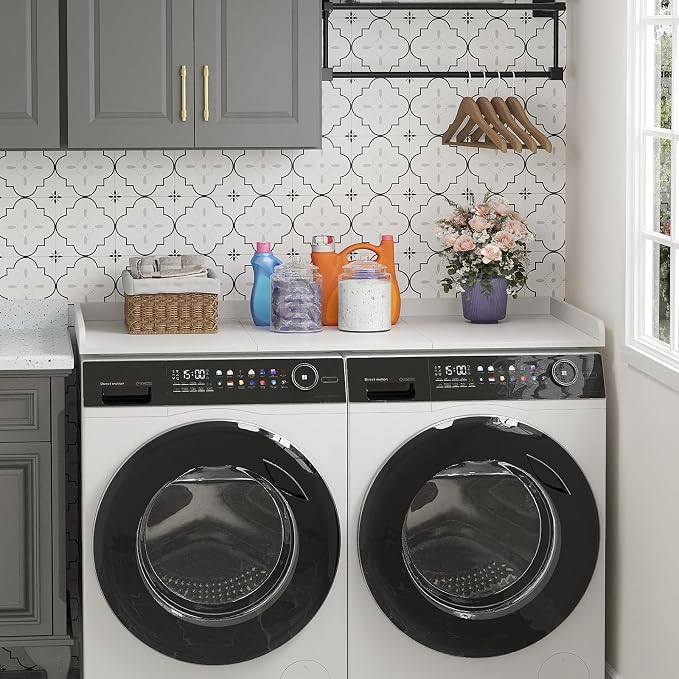 Lifewit Washer Dryer Countertop, Melamine Covers with Edge Rails for The Top, Laundry Room Storage and Organization, Spice Type, Hold 200lbs, White, 54" x 27.5"