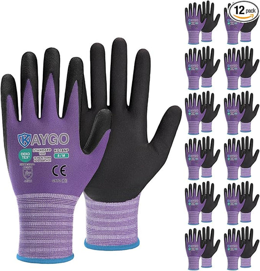 KAYGO Safety Work Gloves MicroFoam Nitrile Coated, 12 Pairs KG18NB,Seamless Knit Nylon Glove for Men and Women, Ideal for Automotive,Warehouse,Construction (M, Purple)