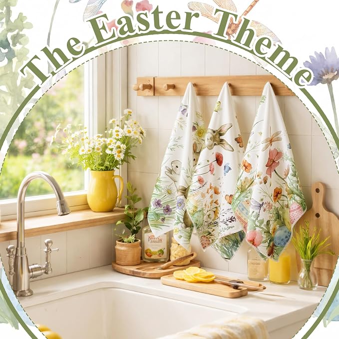 Tegeme 4 Pcs Spring Bunny Wildflowers Kitchen Towel Retro Vintage Flowers Dish Towels 18 x 26 Inch Floral Decorative Hand Tea Towel for Bathroom Baking Cooking Cleaning Holiday Party Supplies