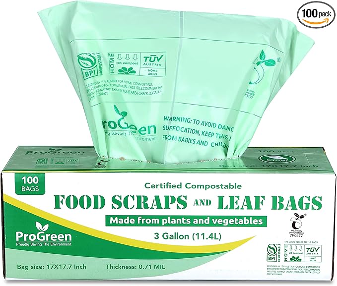 Compostable Trash Bags 3 Gallon, Extra Thick 0.71 Mil, 100 Count, Small Kitchen Compost Bin Bags, Food Scraps Yard Waste Bags, Compost ASTM D6400 BPI and TÜV AUSTRIA Certified