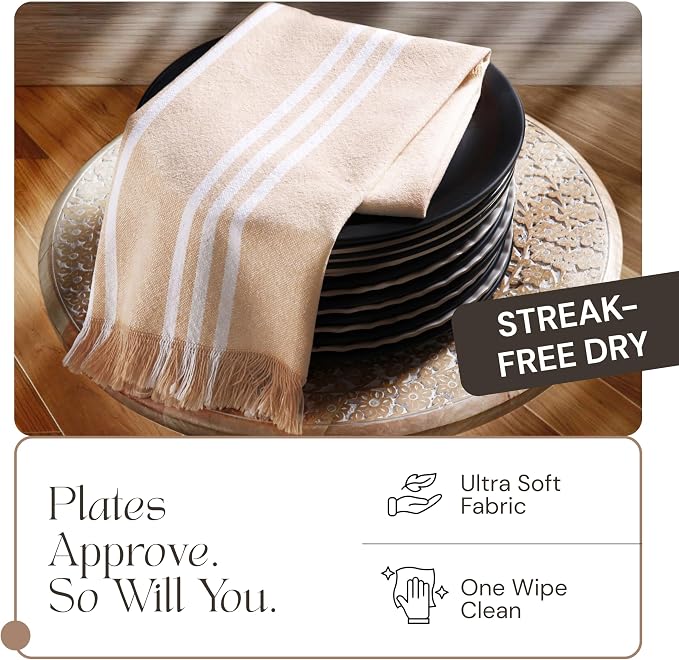 Monochrome Stripe Kitchen Towels 12 Pack, 16x26 Inch, 100% Cotton, Super Absorbent & Quick Dry, Durable, Fringed Dish Towel for Drying Dishes, Machine Washable, Everyday Use, Beige